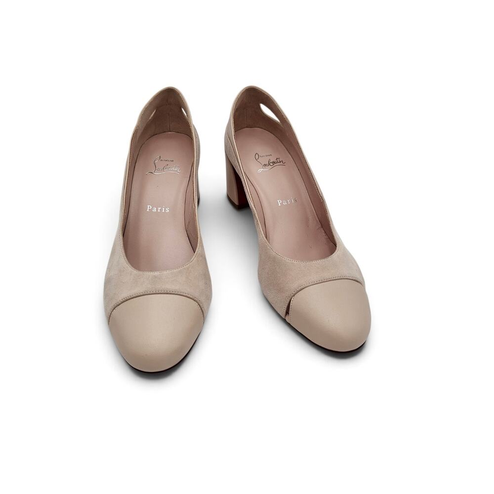 Christian Louboutin Miss Duvette Block Heel Pump Beige Suede Leather 39.5 9.5